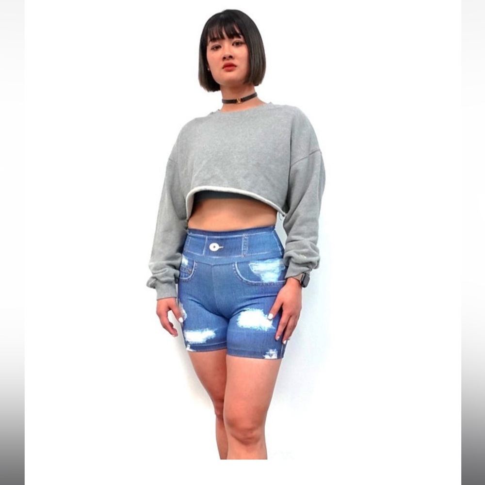 Faux Denim Biker Shorts, Distressed 1